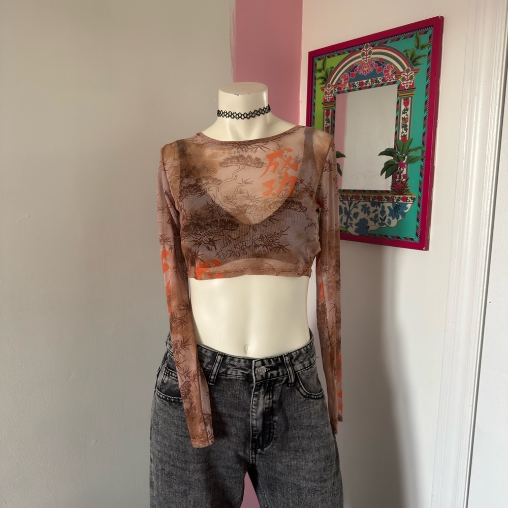 PrettyLittleThing Orange And Brown Sheer Long Sleeve Party Crop Top